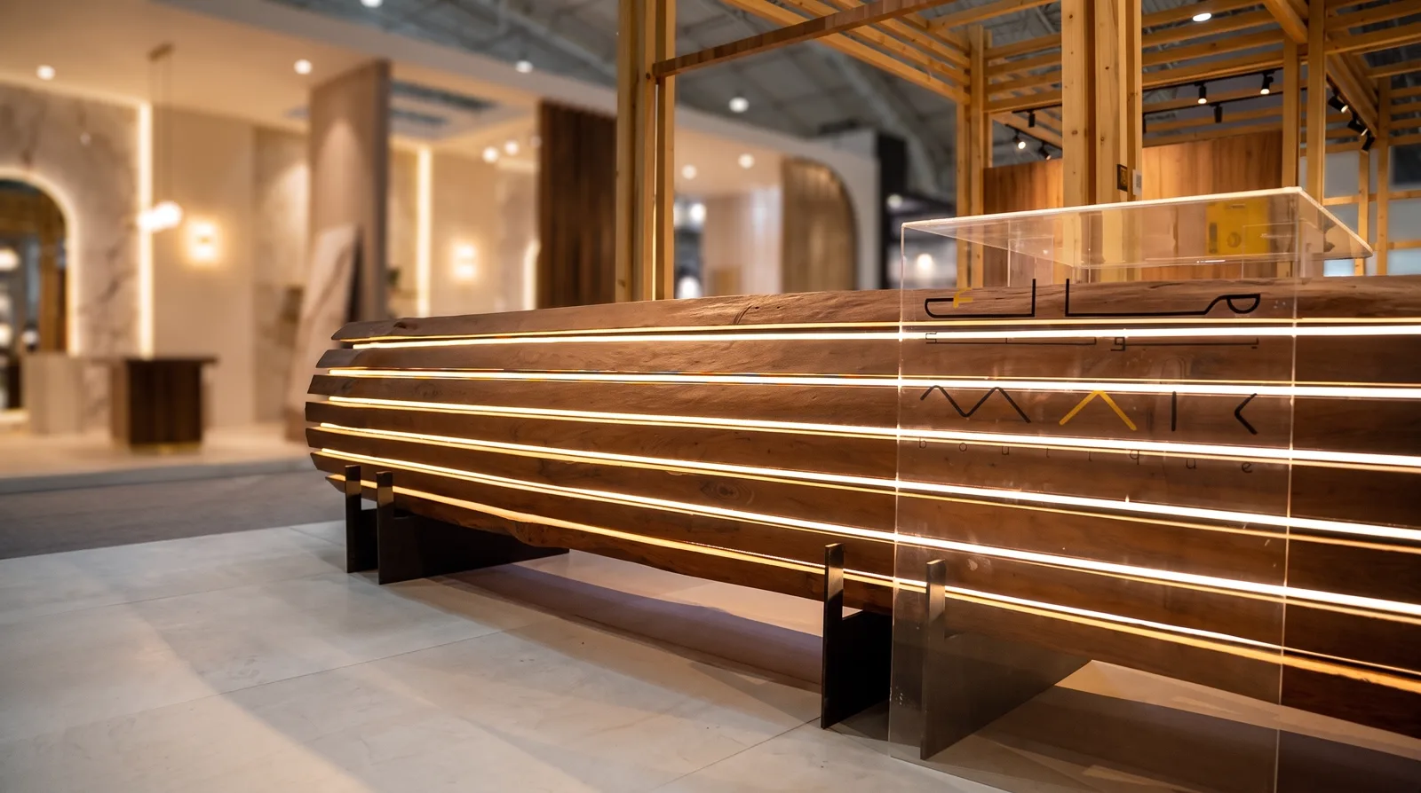 MAK Boutique · Backlit walnut counter, Vista United exhibition fabrication