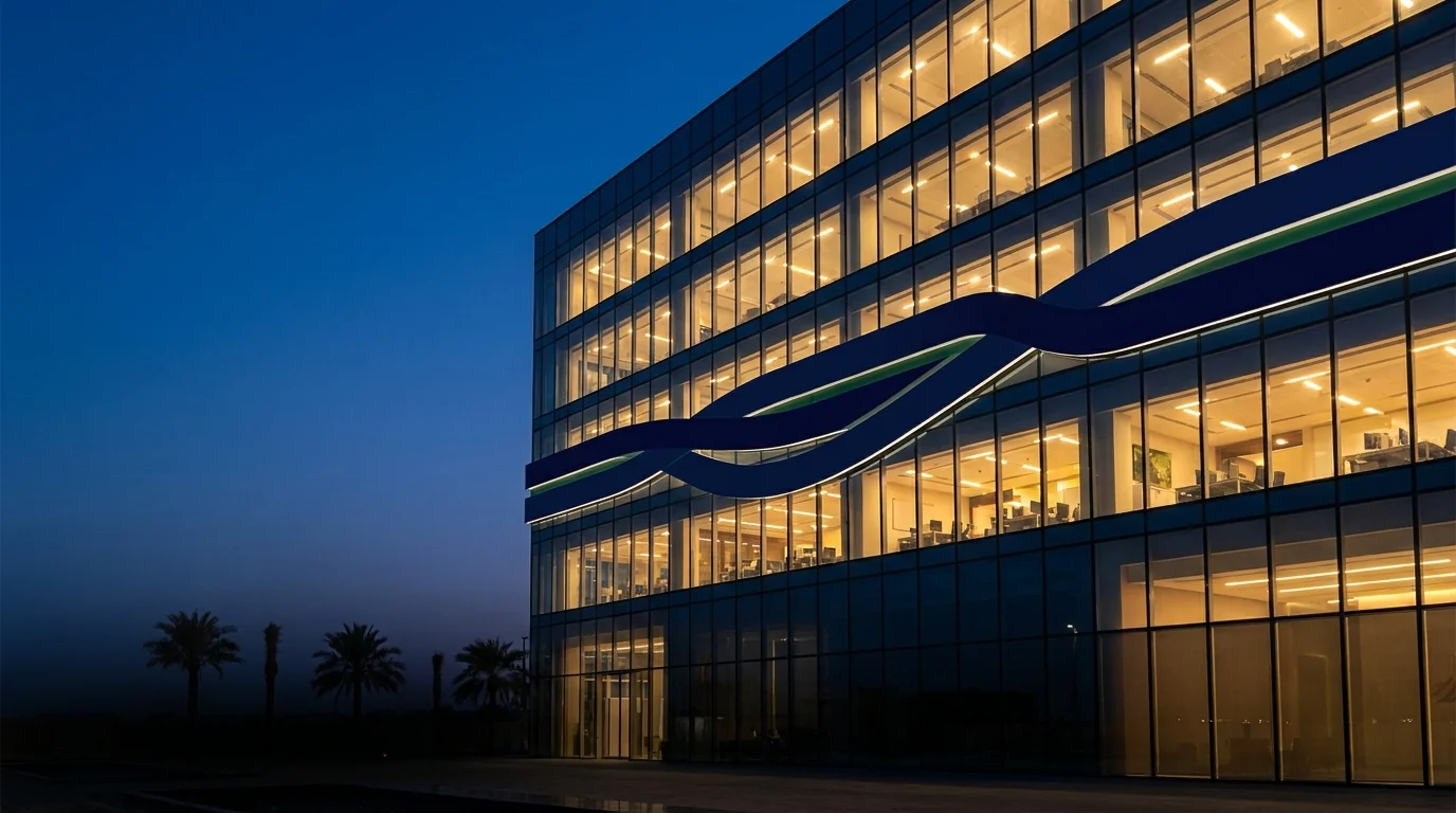 Saudia Group HQ facade key-art, night